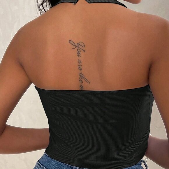 Black Casual Women's Ribbed Slim Sexy Halter Neck Tank Top - Picture 2 of 3